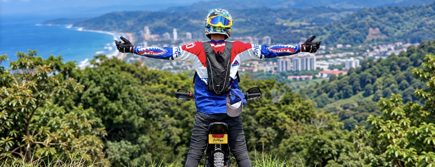 Electric dirt bike rider overlooking Jacó and the Pacific Ocean
